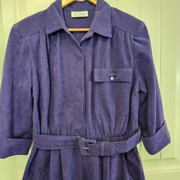 Vintage 80s Shirt Dress Womens Size 14 Purple Faux Suede Cottagecore Preppy - Picture 3 of 13